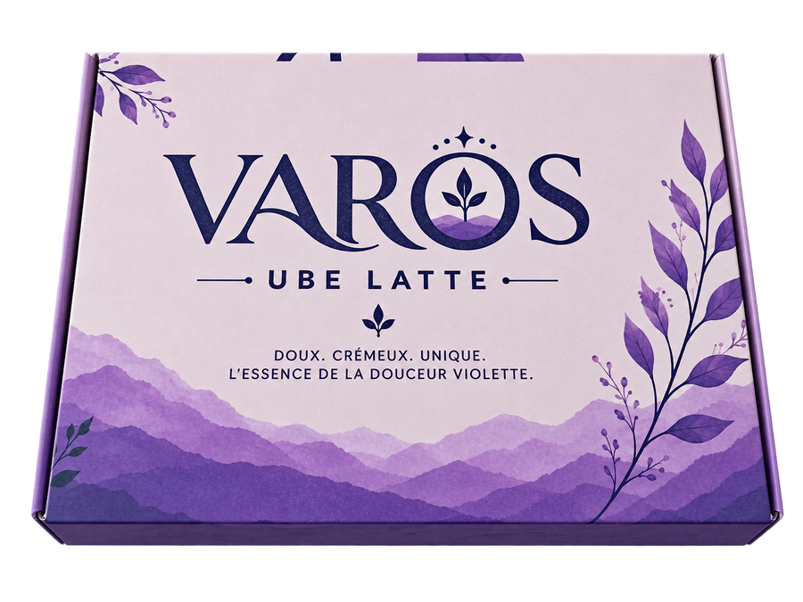 Boîte VAROS Ube Latte fermée sur fond transparent