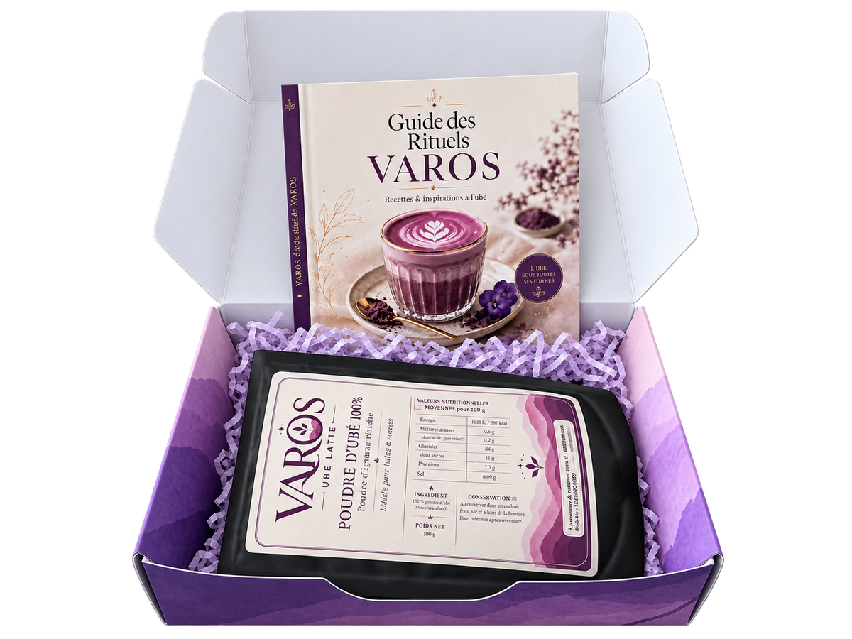 Coffret VAROS ouvert avec poudre d’ubé et Guide des Rituels sur fond transparent
