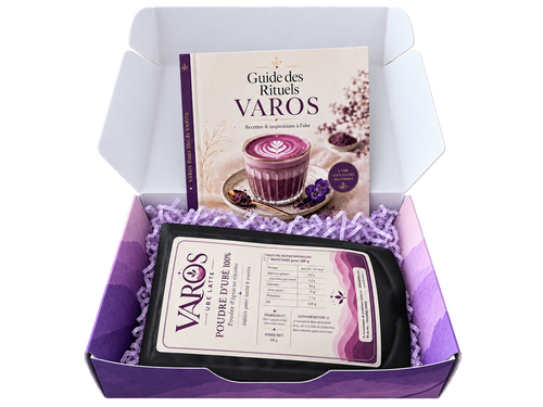 Coffret VAROS ouvert avec poudre d’ubé et Guide des Rituels sur fond transparent