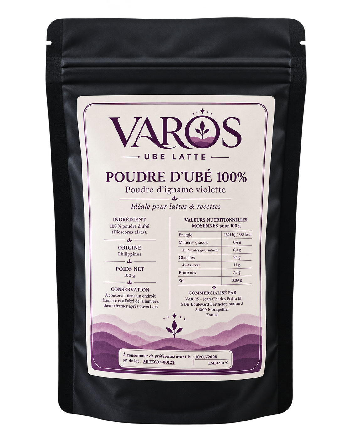 Sachet de poudre d’ubé VAROS 100 g sur fond transparent