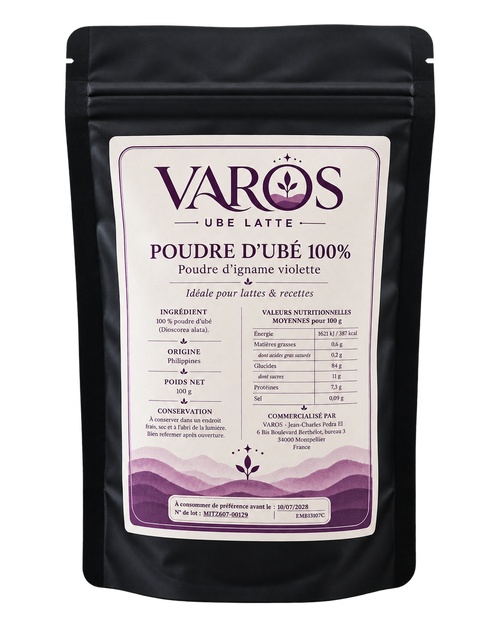 Sachet de poudre d’ubé VAROS 100 g sur fond transparent